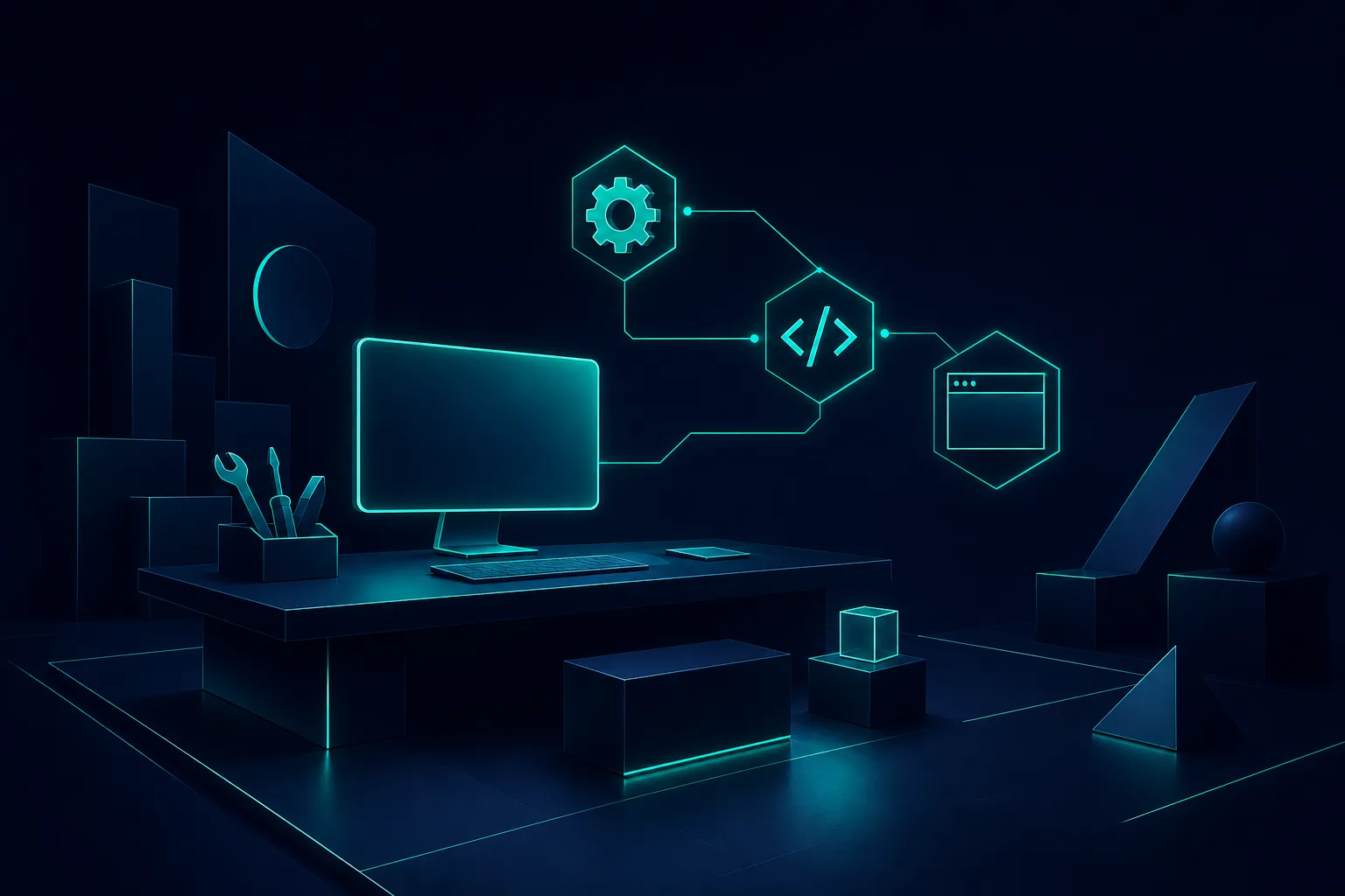 Abstract minimalist studio scene with glowing teal craftsmanship icons