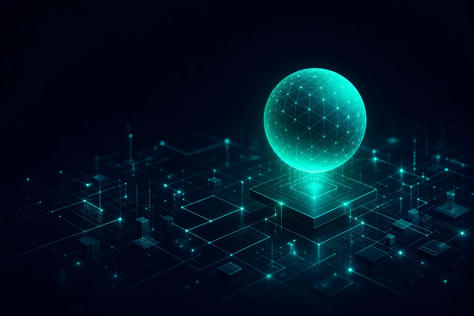 Abstract teal sphere over a network of geometric circuit lines