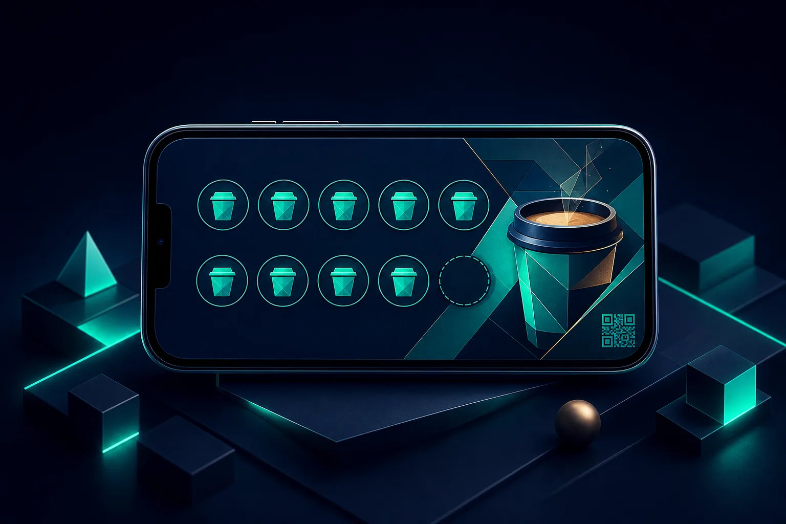 Stylized phone showing café stamp-card loyalty UI with QR motif