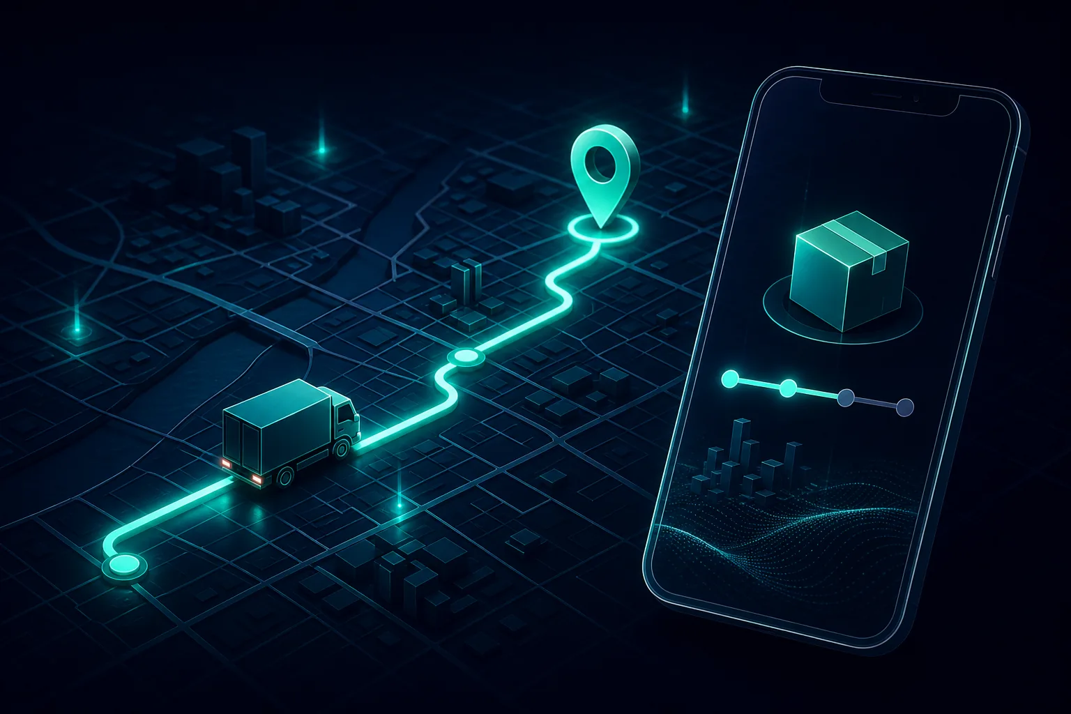 Stylized map with teal route lines, geometric truck and a phone showing delivery progress