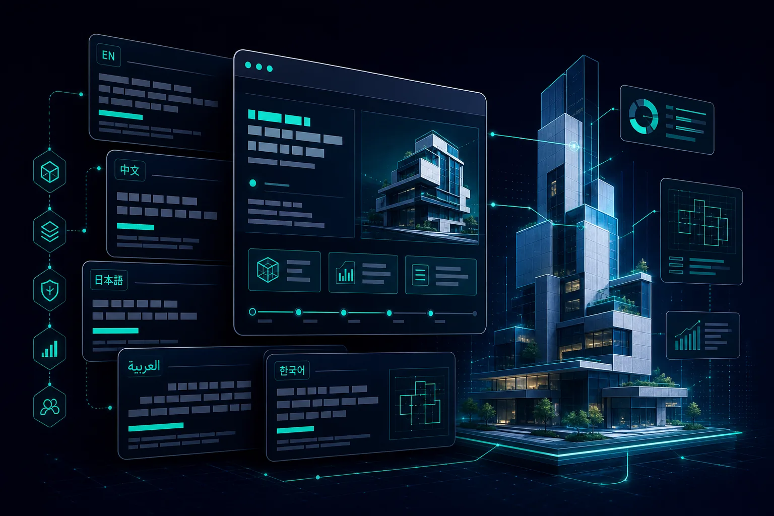Layered floating browser frames beside a geometric building, connected by teal accents