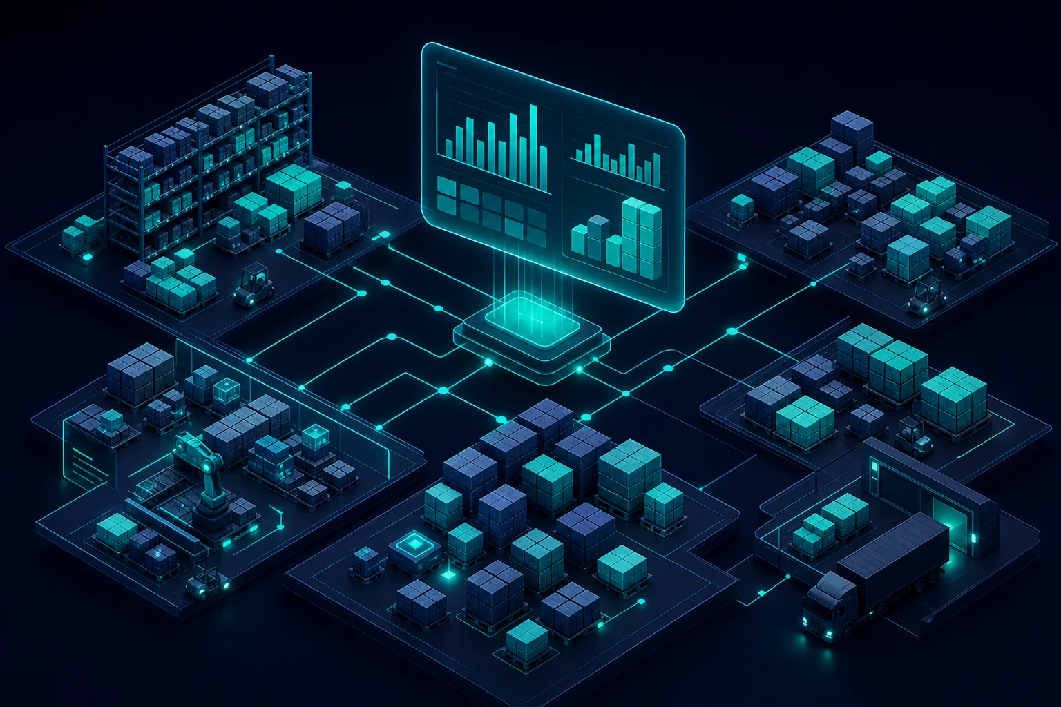 Isometric warehouse zones connected by teal data flow with a dashboard panel above