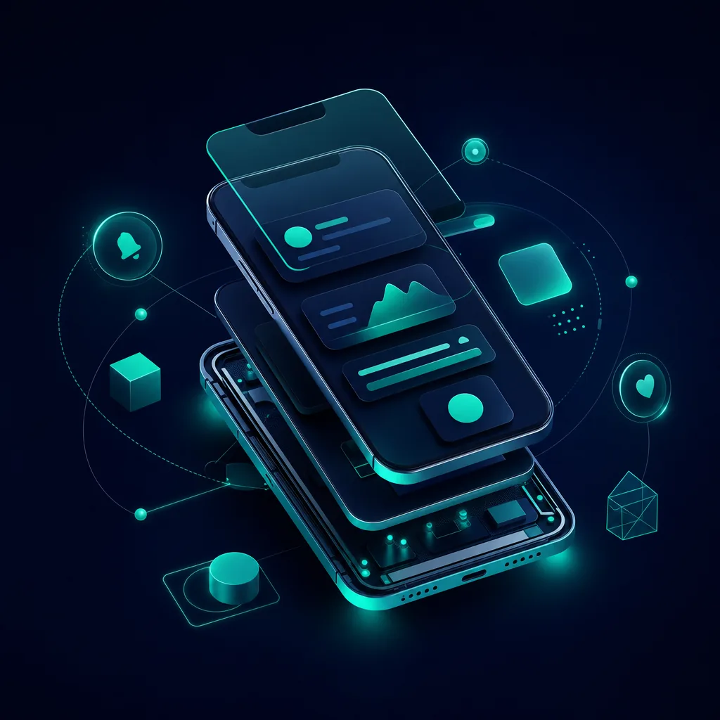 Stylized phone silhouette with orbiting teal app shapes