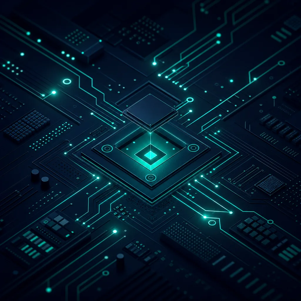 Abstract motherboard with glowing teal traces